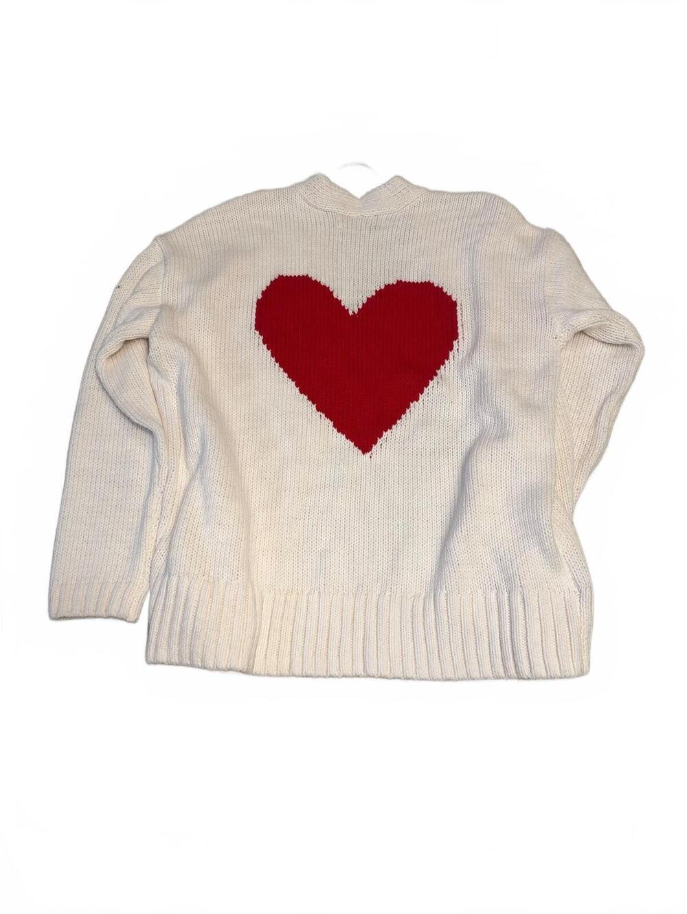 LOFT White Knit Cardigan Sweater With Red Heart